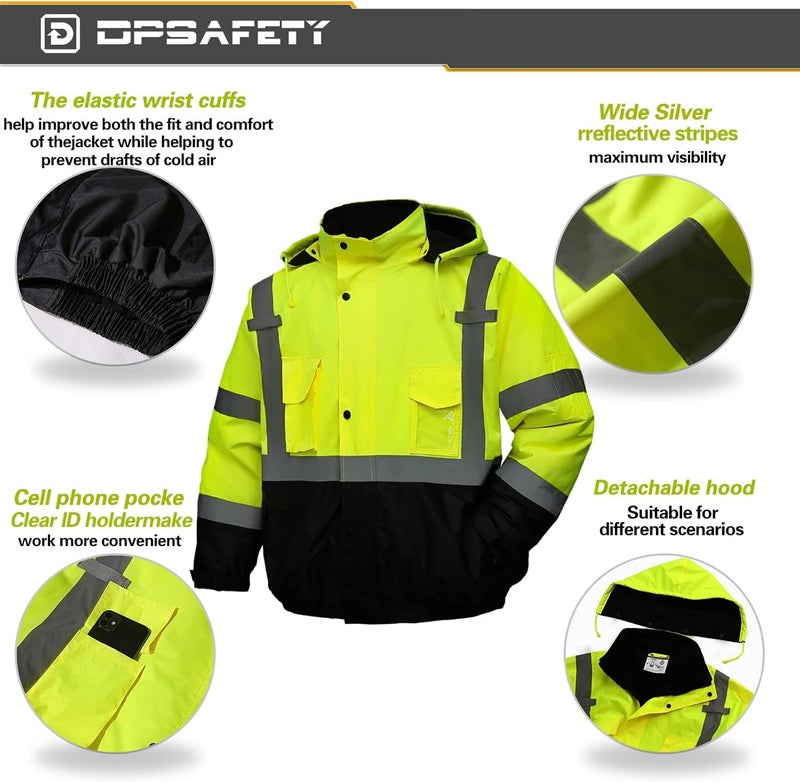 DPSAFETY Safety jacket for men,Reflective high Visibility Hooded jacket,Hi-Vis Bomber Jacket with Pockets and Zipper,Waterproof,Black Bottom,ANSI/ISEA 107-2020 Type R Class 3,Lime - Image 2